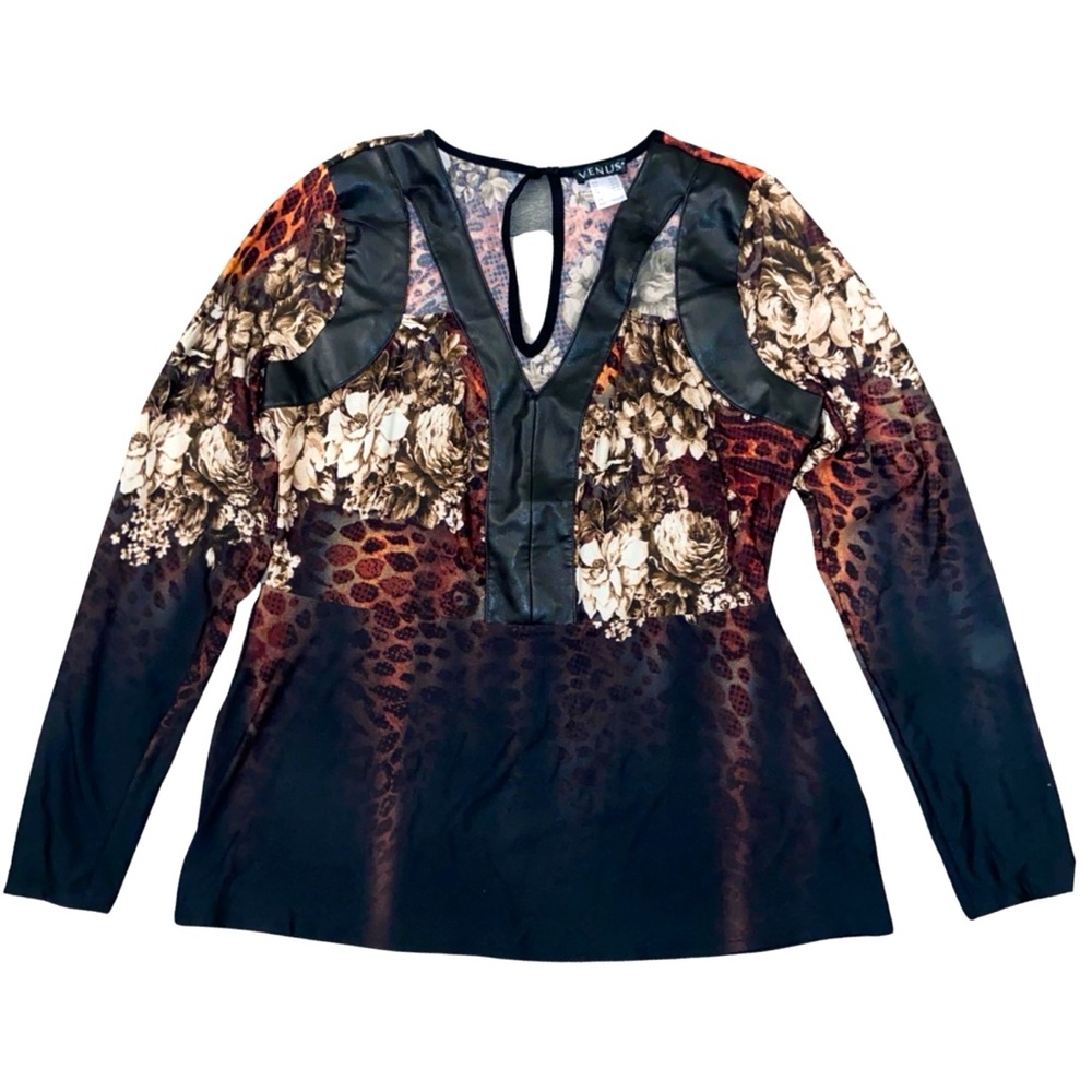 Venus Floral Snake Print Top Faux Leather Trim Black Brown Print VENUS Sz L